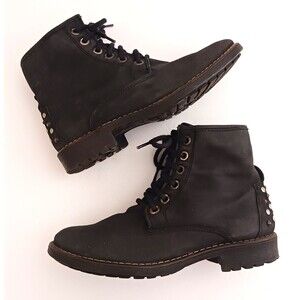 GUESS Spence Blk Nubuck Leather Lace Up Combat Ankle Boot Stud Spike Heel US 10M